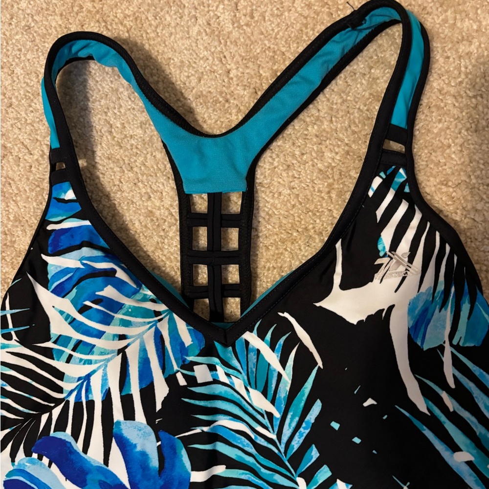 Tropical Blue and Black Women's Tankini Swim Top - Picture 2 of 7